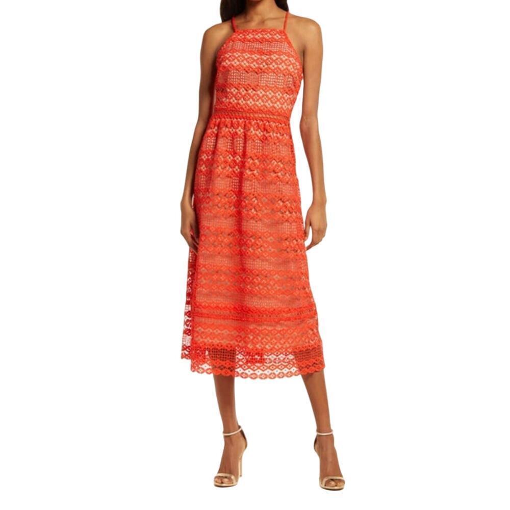 Adelyn Rae ALANI CROCHET LACE MIDI DRESS IN MANDARIN RED Sz M